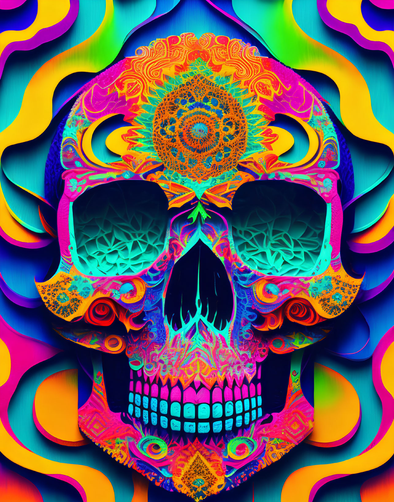 Colorful Psychedelic Skull Artwork with Neon Patterns