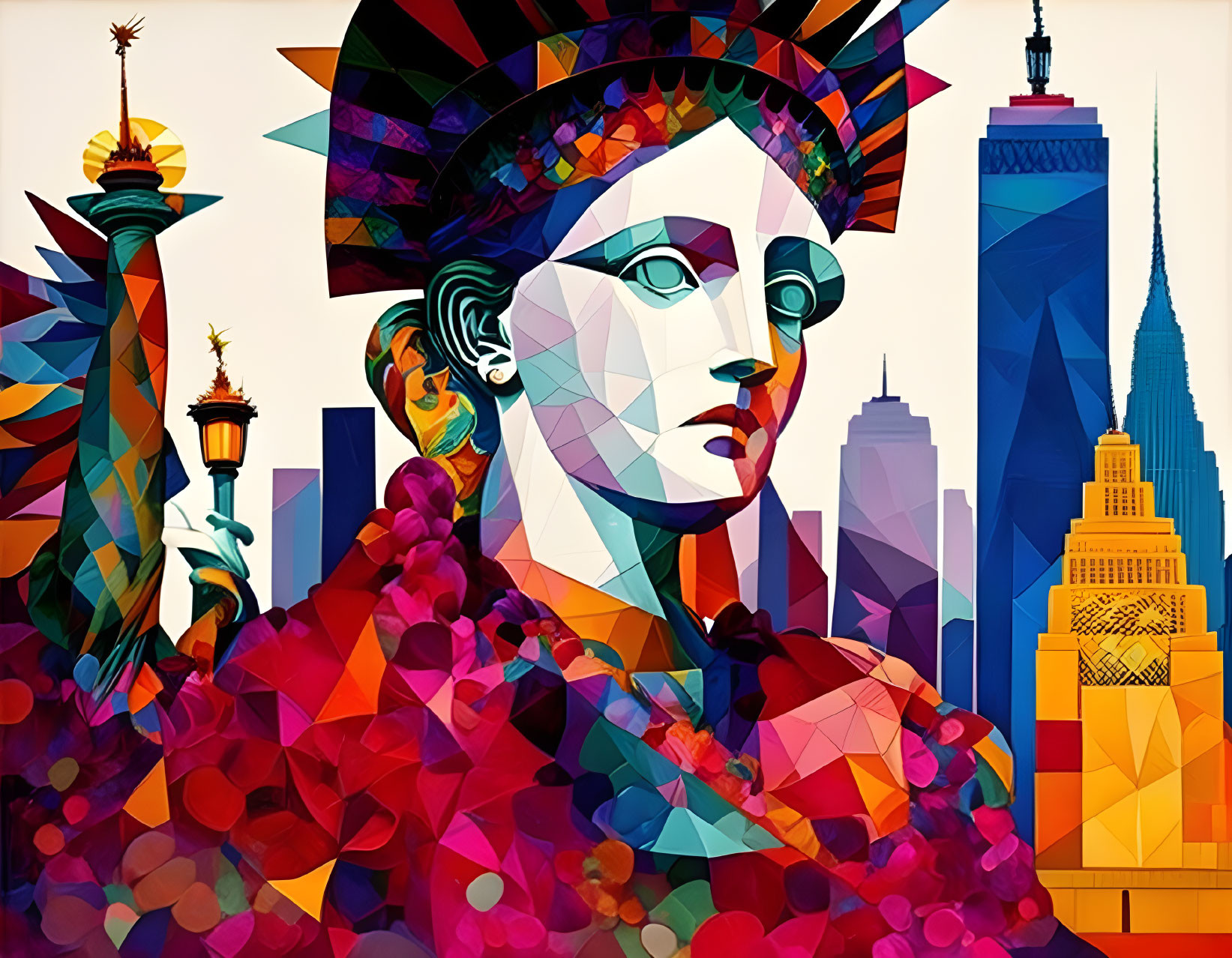 Vibrant Statue of Liberty illustration with NYC buildings and abstract pattern