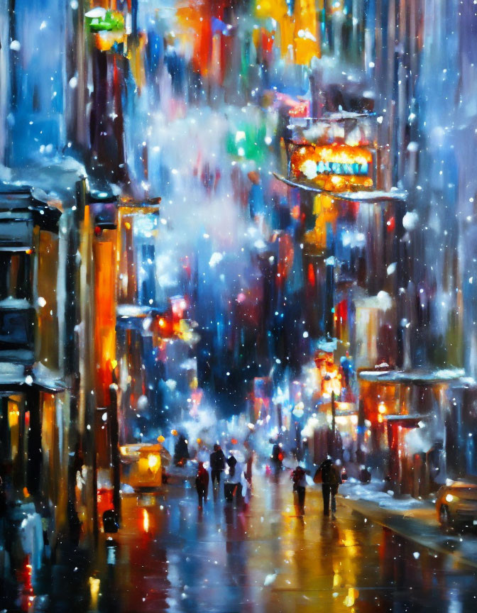 Impressionistic painting of city street at night in snow