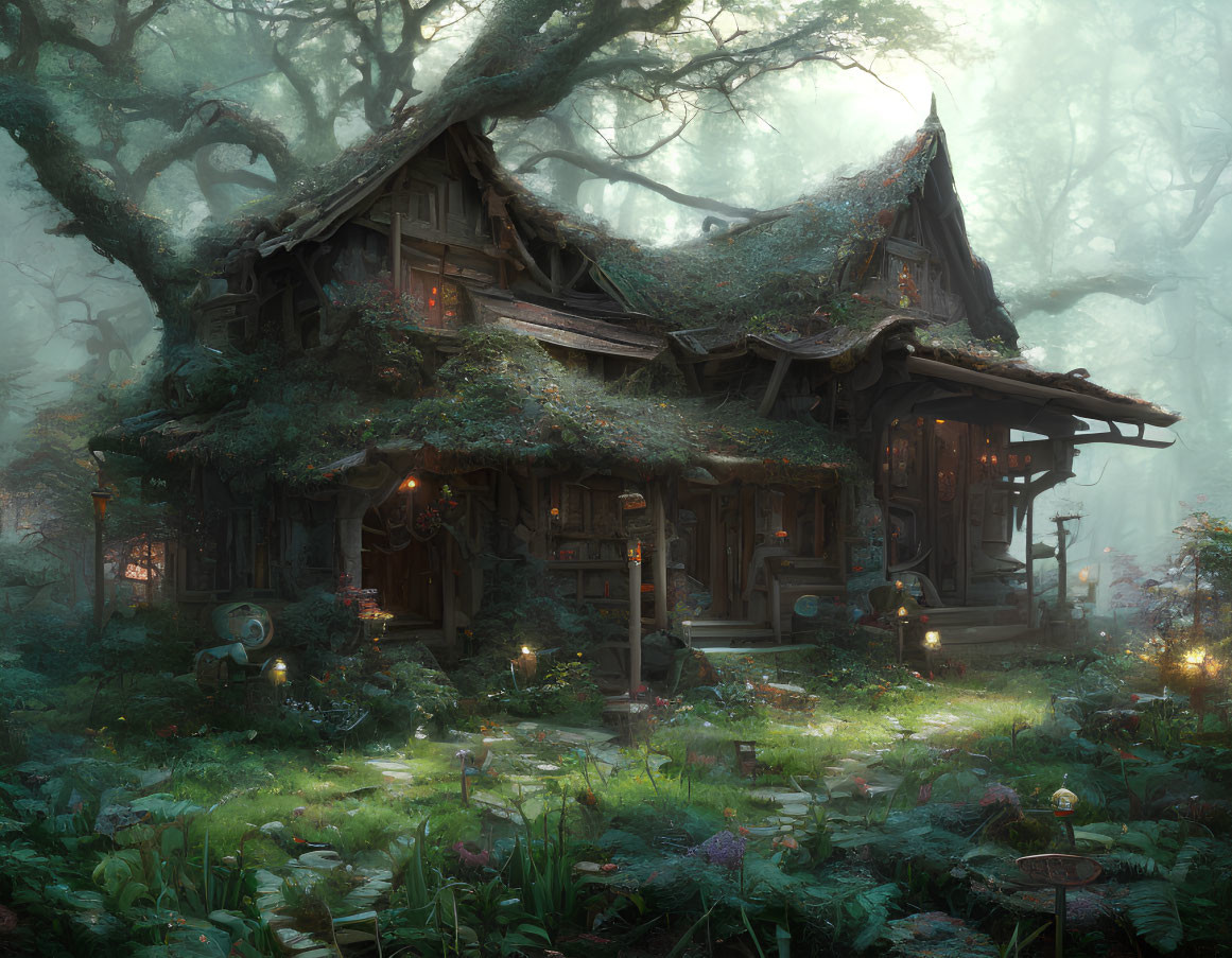 Enchanting forest cottage with green moss, vines, and mystical lights