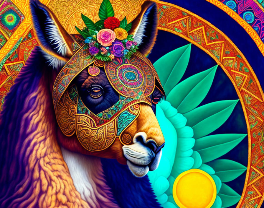 Colorful llama illustration with intricate patterns and floral headdress on psychedelic background