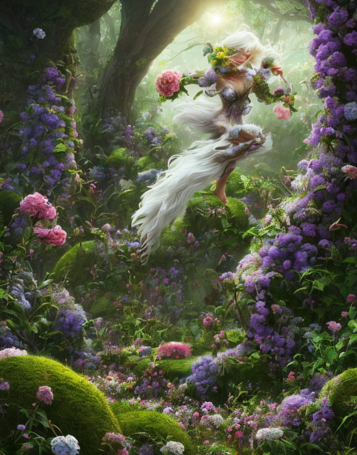 Enchanted Forest with Elf-like Figure and Blooming Flowers