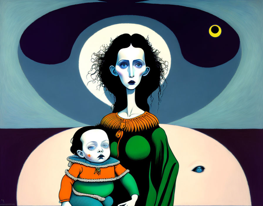 Abstract painting: Woman with exaggerated eyes holding child on colorful background