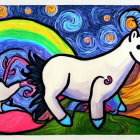 Colorful Cubist Painting of White Unicorns on Geometric Background