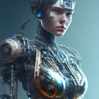Detailed futuristic humanoid robot with intricate mechanical parts and contemplative expression