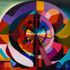 Colorful Geometric Painting: Ferris Wheel, Buildings, Flying Cars