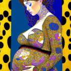 Vibrant digital artwork: pregnant woman with blue skin and orange patterns on blue and yellow backdrop