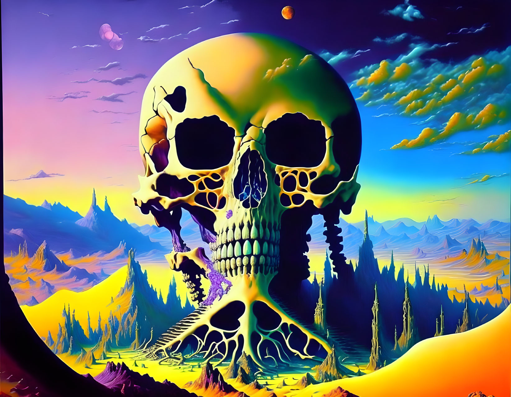 Colorful Surreal Landscape with Large Skull and Mountains
