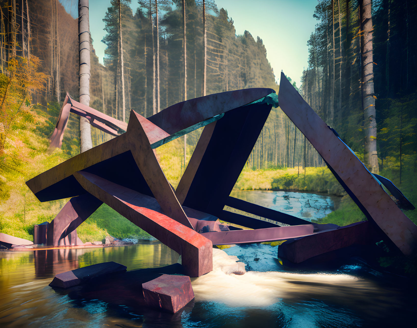 Angular metal bridge over tranquil river in forested area