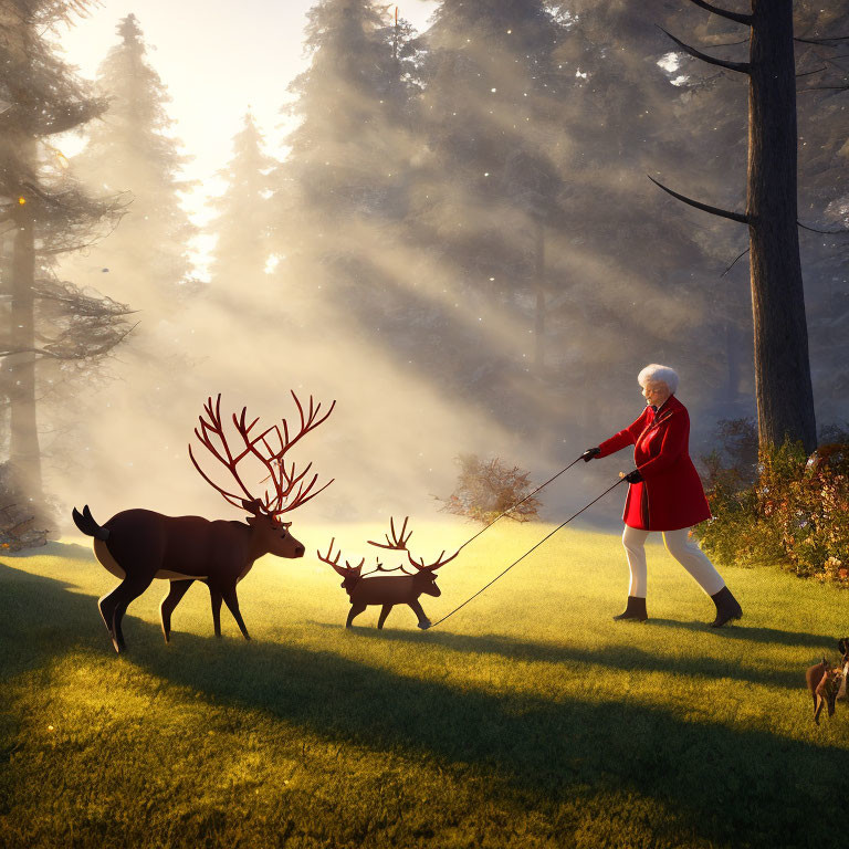 Elderly woman walks deer and fawn in misty forest clearing