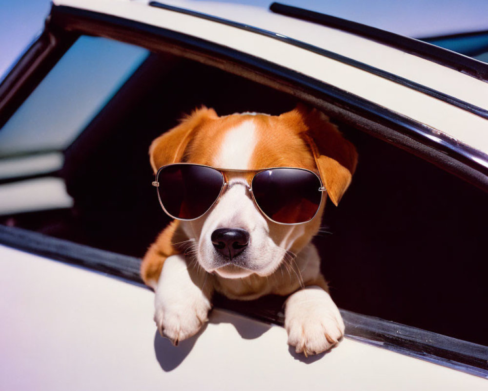 Dog wearing sunglasses in car window under blue sky