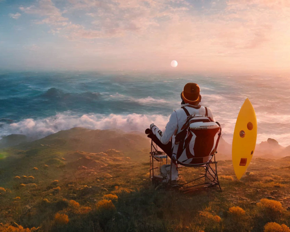 Person in White Spacesuit on Director's Chair by Sunset Coast with Surfboard, Sea of Clouds