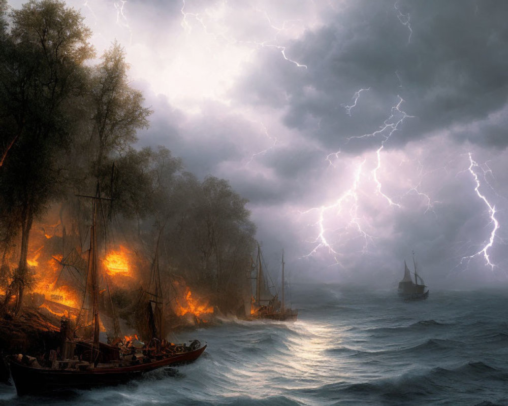 Stormy seascape with burning forest and lightning strikes