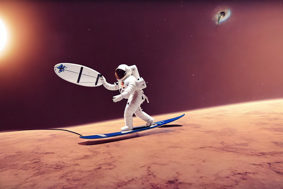 Astronaut surfing on stylized wave above Mars-like planet with galaxy in background