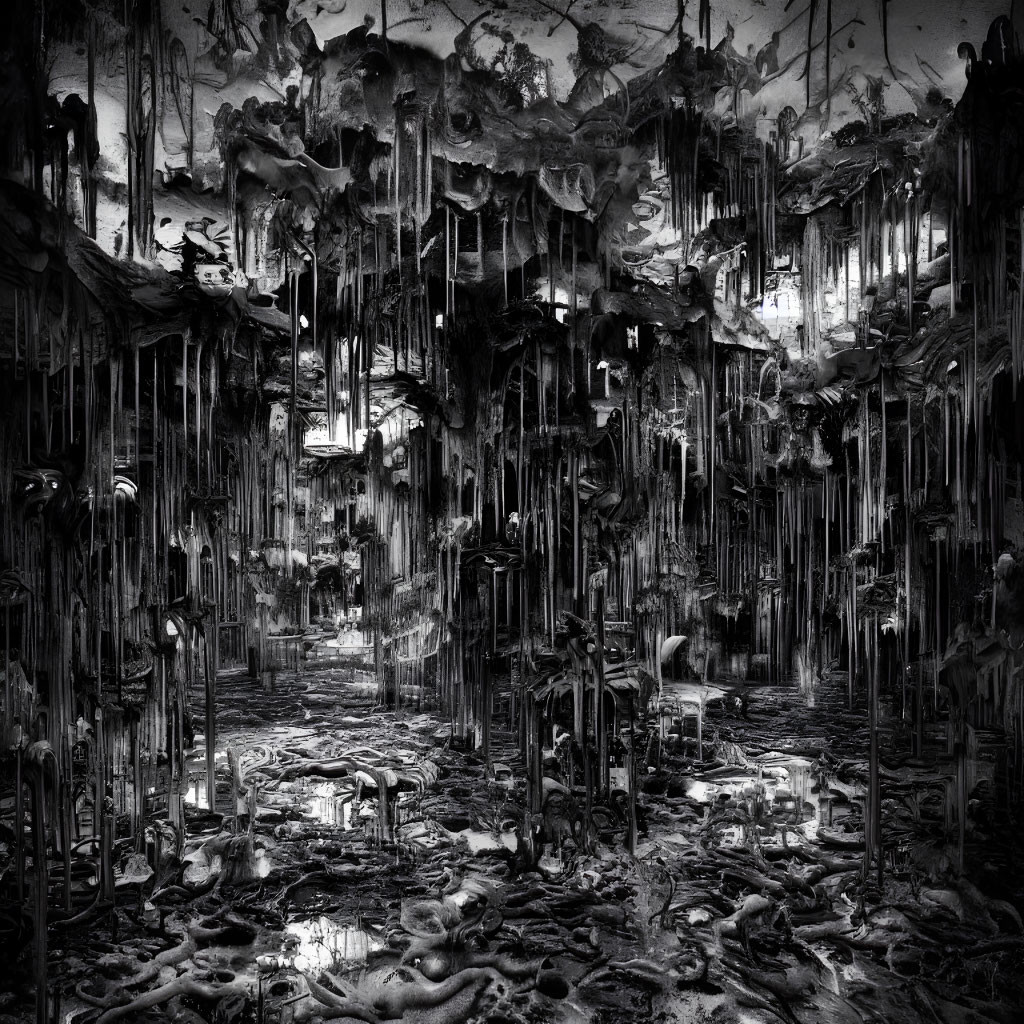 Monochrome dystopian interior with hanging debris and reflective water