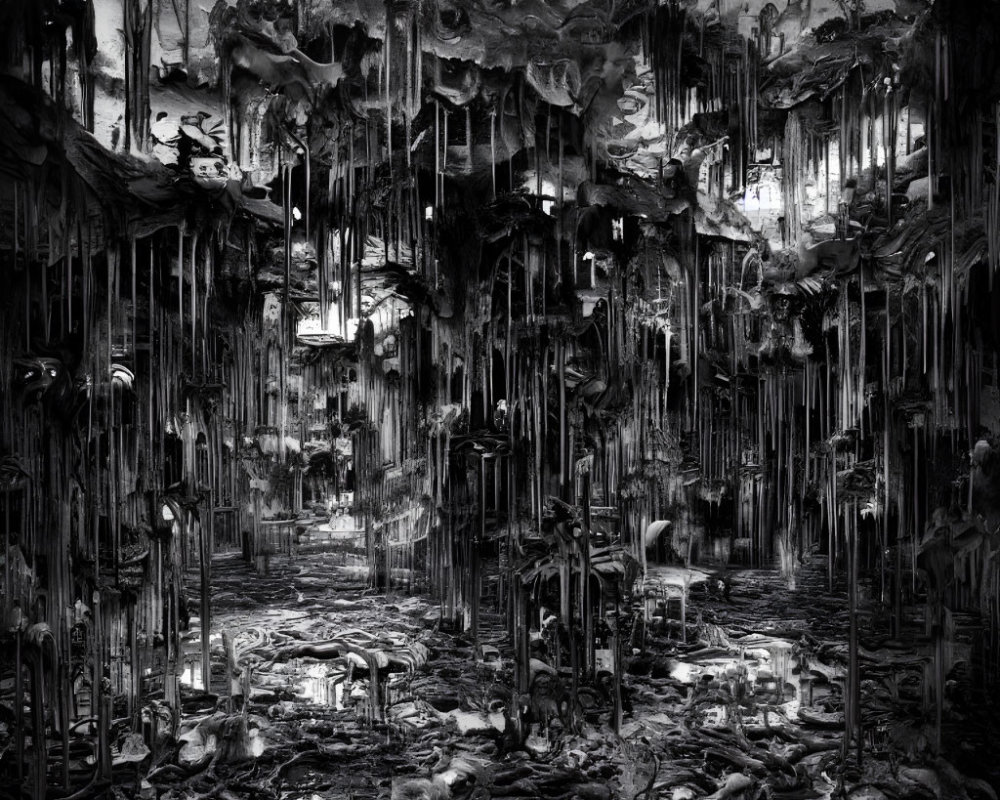 Monochrome dystopian interior with hanging debris and reflective water