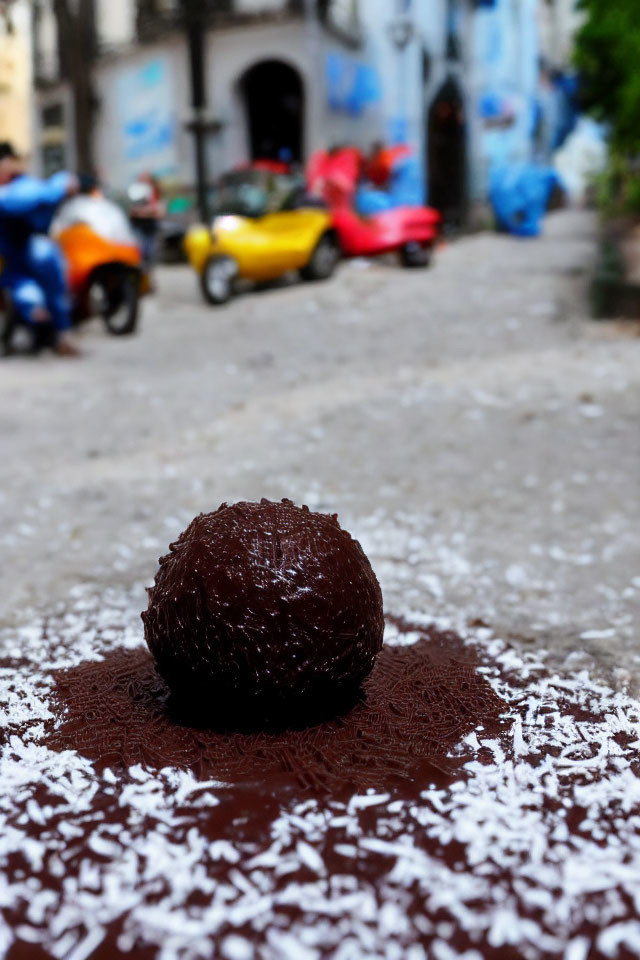 Chocolate truffle with coconut dust on cocoa powder, Vespa scooters in background