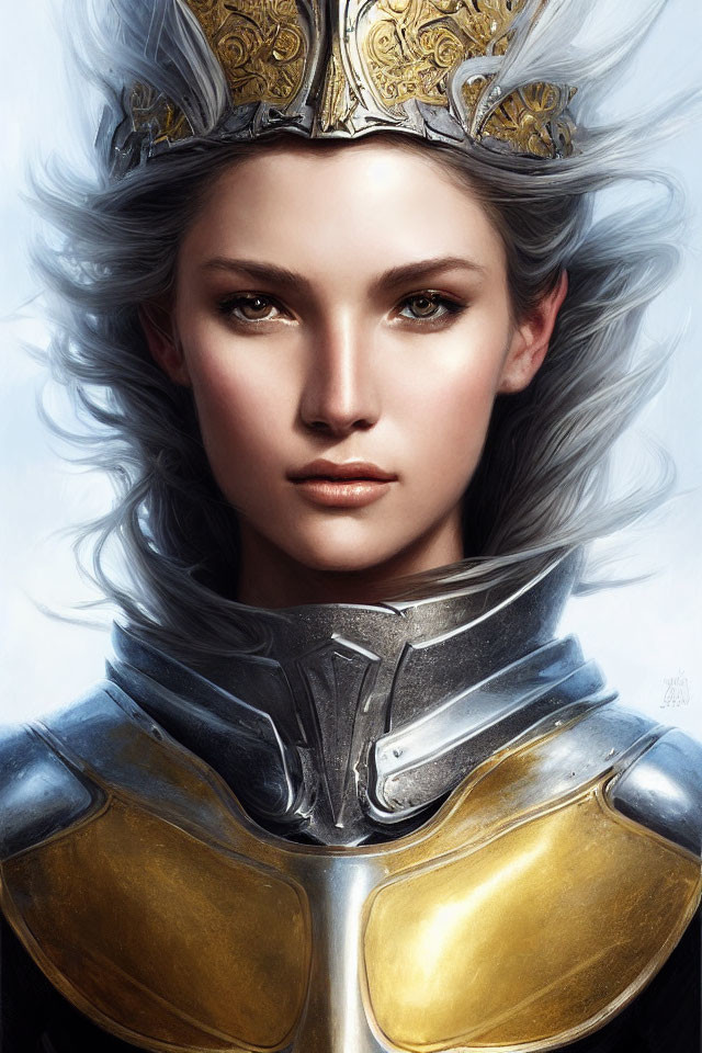 Regal woman with silver hair and golden crown in silver and gold armor