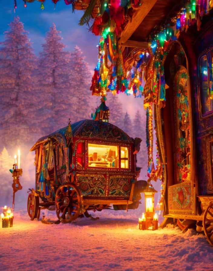 Colorful Decorated Caravan in Snowy Forest with Festive Decorations at Twilight