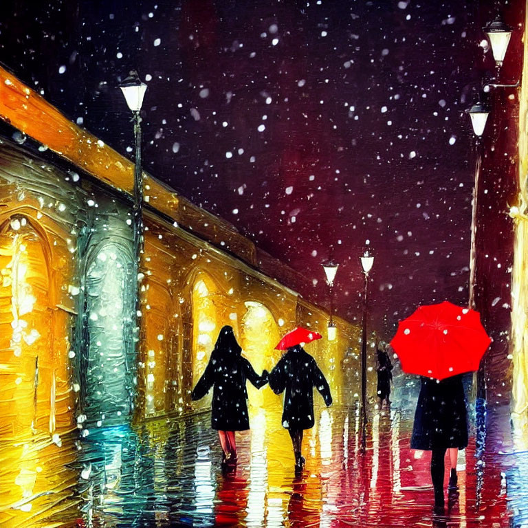 Nighttime snowfall scene: people with colorful umbrellas on wet, illuminated street