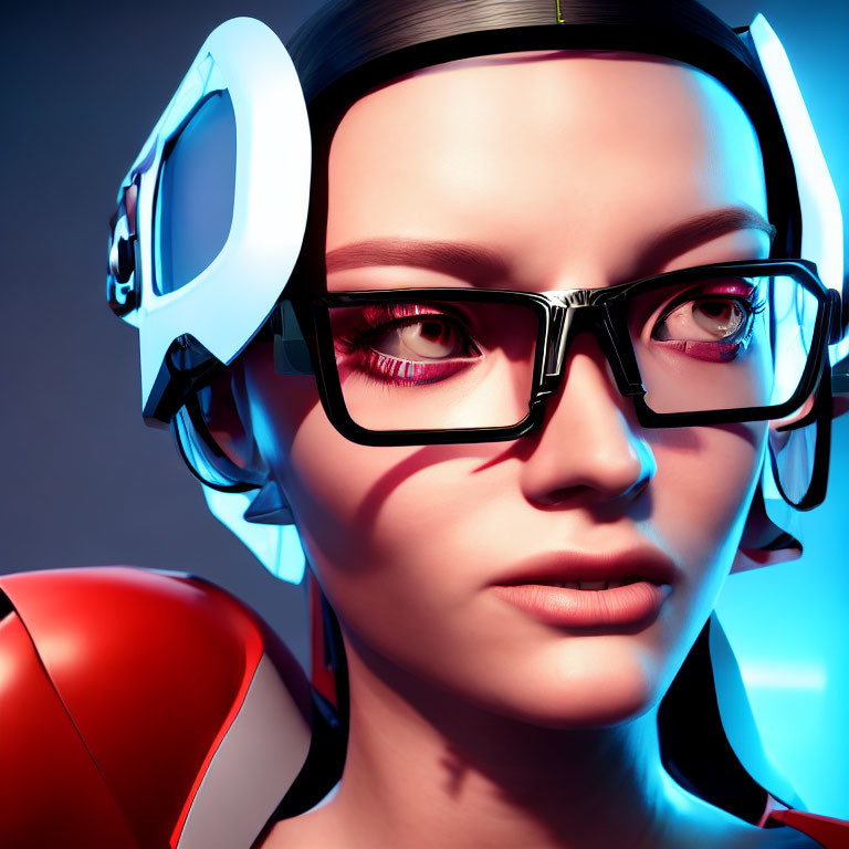 Futuristic female with glasses and headphones on blue gradient background