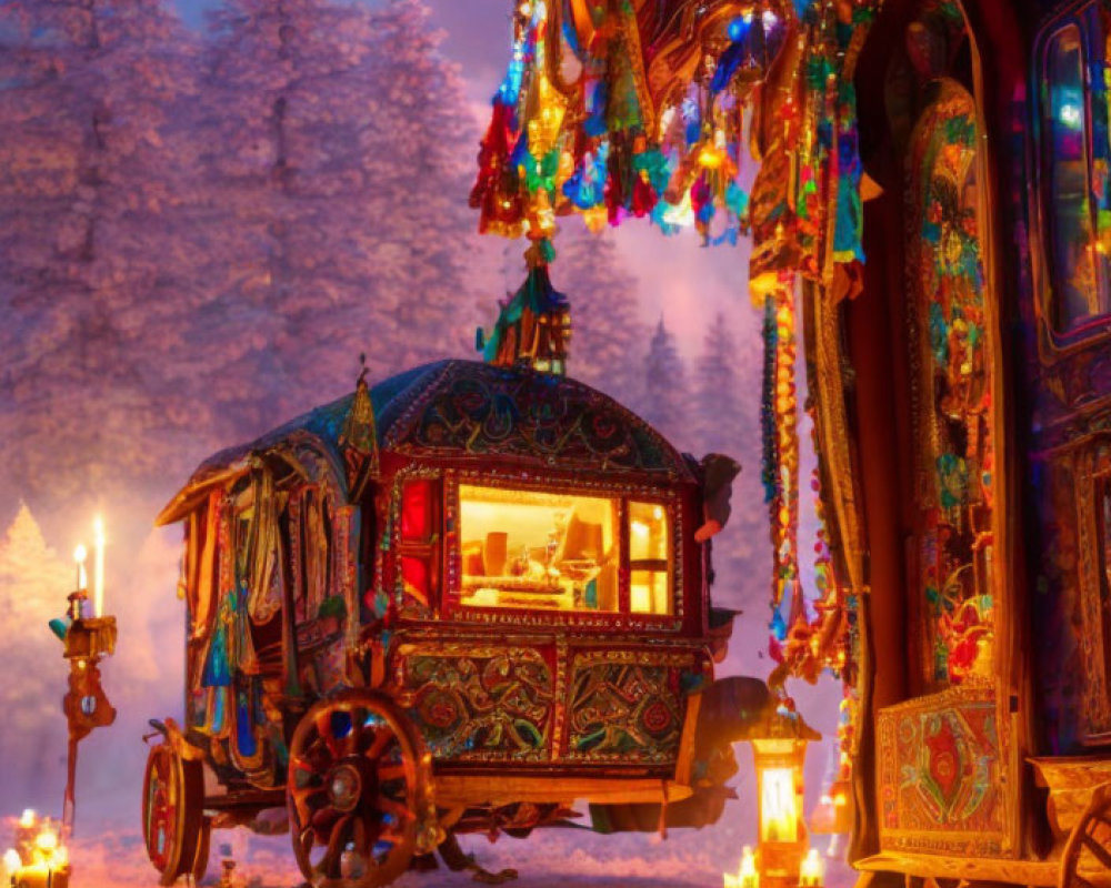 Colorful Decorated Caravan in Snowy Forest with Festive Decorations at Twilight