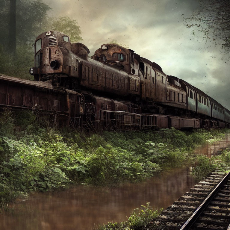 Abandoned old train on overgrown tracks surrounded by dense foliage