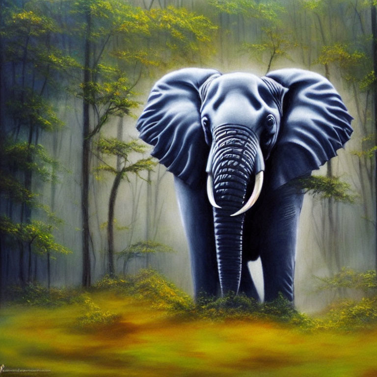 Misty forest painting: Elephant with tusks and flared ears in blue and green