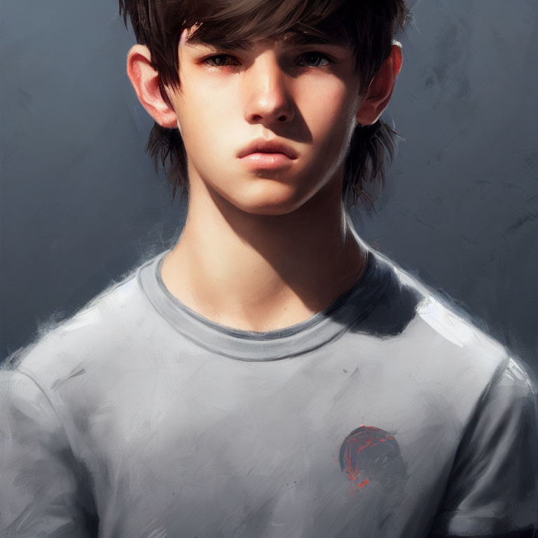 Young male digital art with dark hair and grey shirt in serious pose