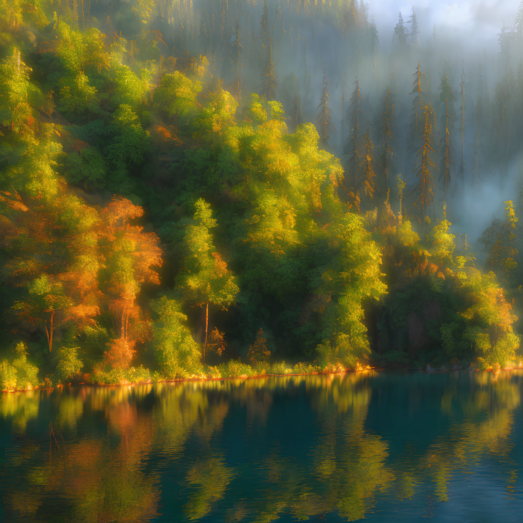 Sunlit misty forest by calm lake in autumn.