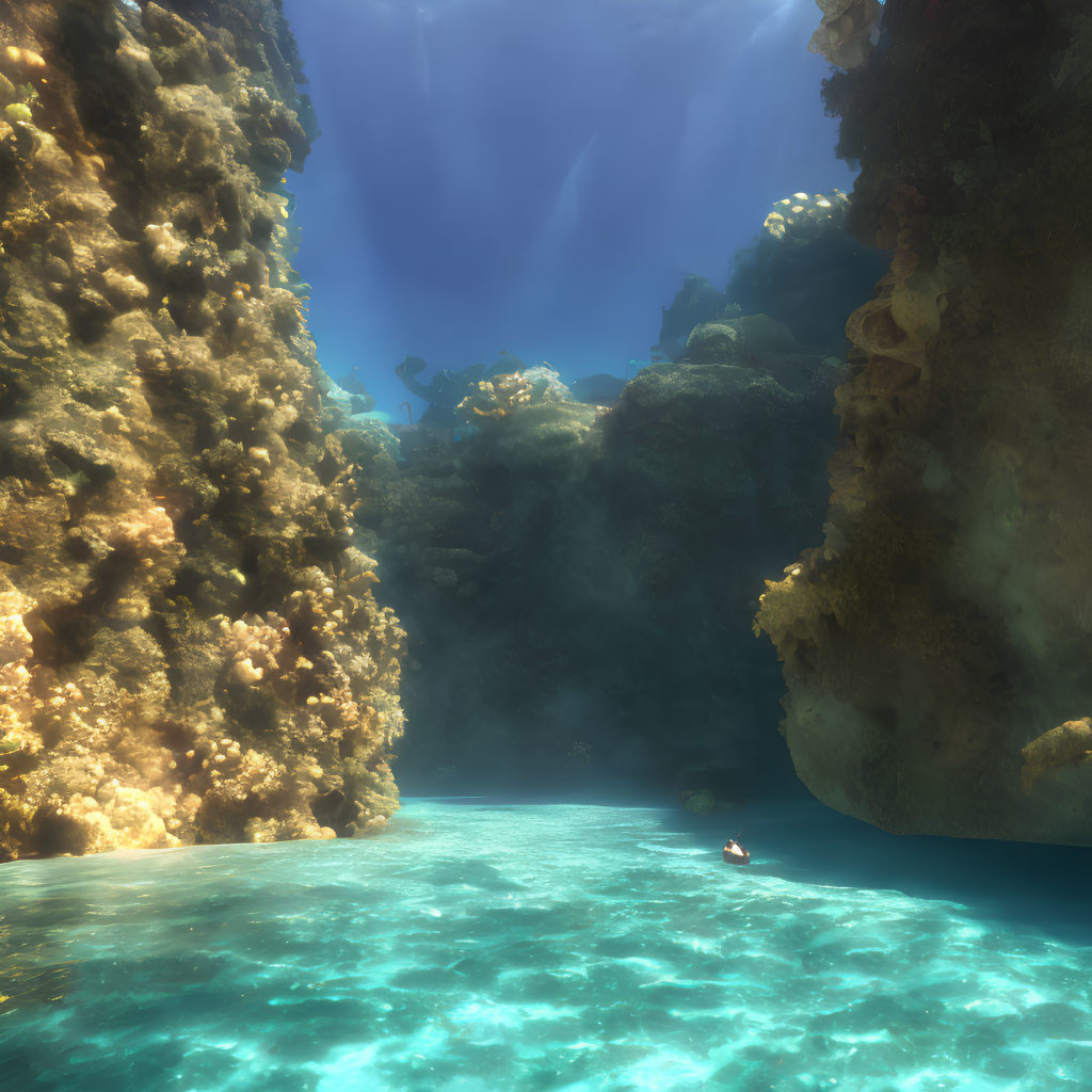 Underwater canyon with sunlight, clear blue water, rocky coral, and small fish