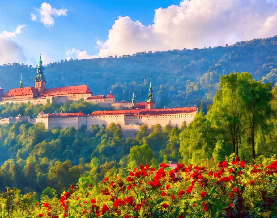 Historic castle on hill with lush greenery and red flowers under blue sky