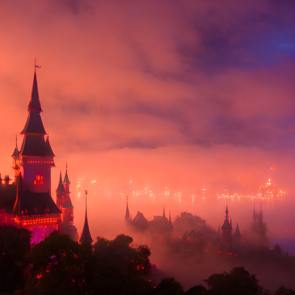 Foggy Dusk Landscape with Silhouetted Towers and Vibrant Sky