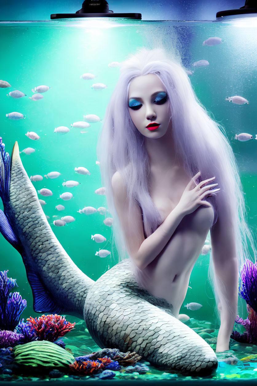 Fantasy illustration of a silver-haired mermaid underwater surrounded by fish and coral