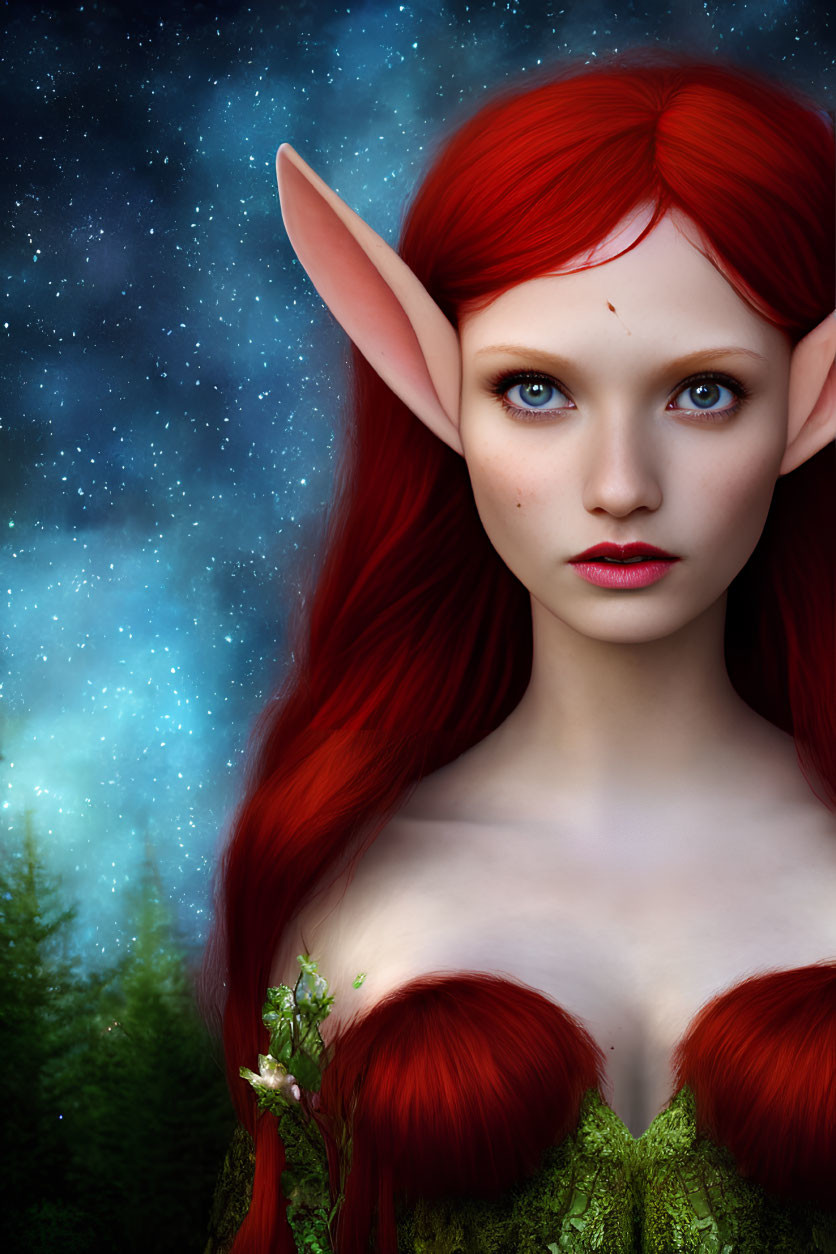 Fantasy illustration of female elf with red hair and blue eyes in starry sky setting