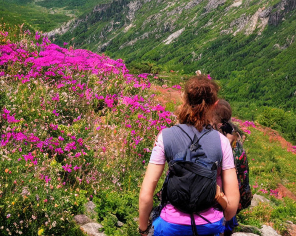 Hikers resting among pink flowers with mountain backdrop