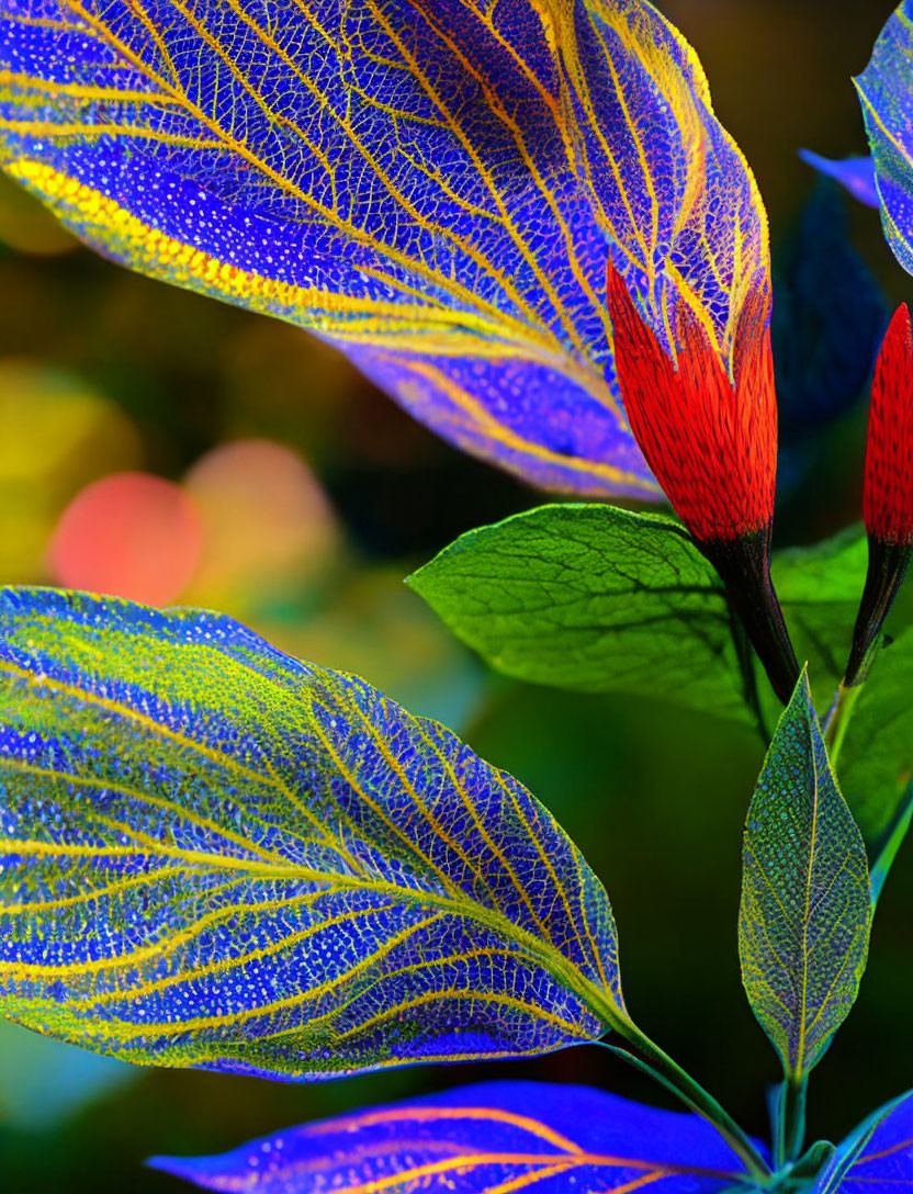 Colorful Blue and Yellow Veined Leaves on Blurred Background
