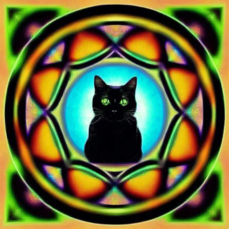 Black cat in vibrant psychedelic kaleidoscopic mandala pattern