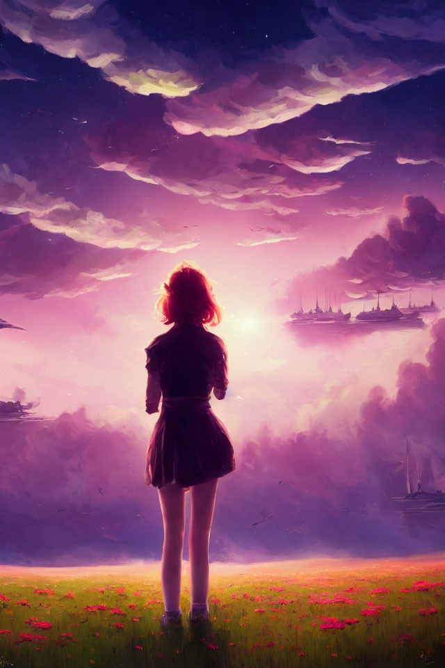 Girl in field at sunset with pink-purple sky and floating ships.