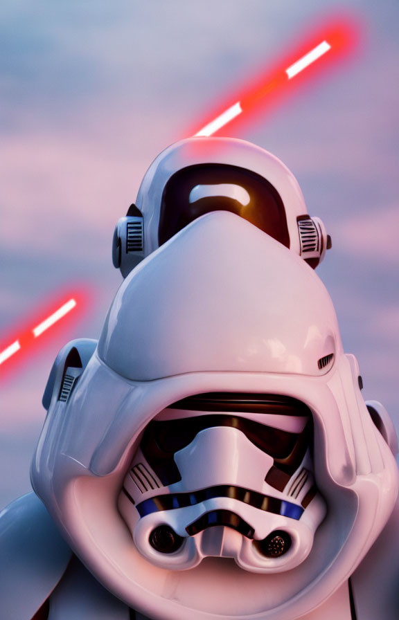 Two stormtroopers in embrace with blurred red streaks in the background.