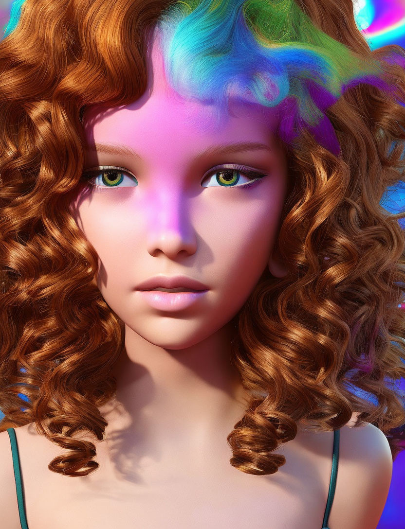 Vibrant digital portrait of woman with auburn hair and multicolored light.