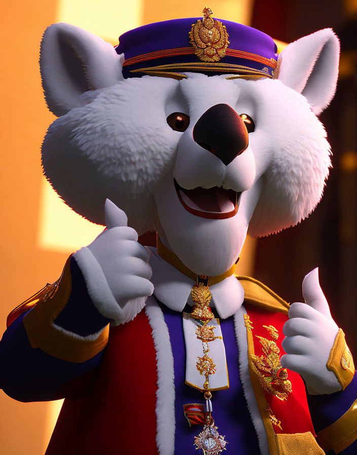 Animated koala in red uniform with gold embroidery and purple cap.