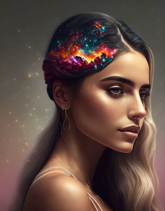 Cosmic galaxy themed digital artwork of a woman