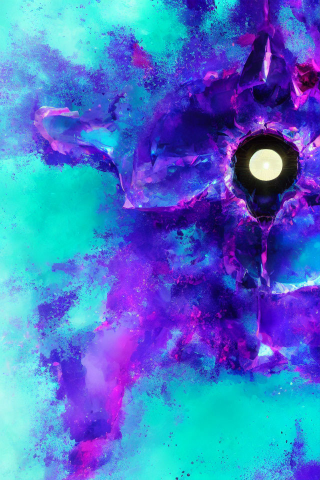Vibrant turquoise and purple digital art of radiant crystalline structure