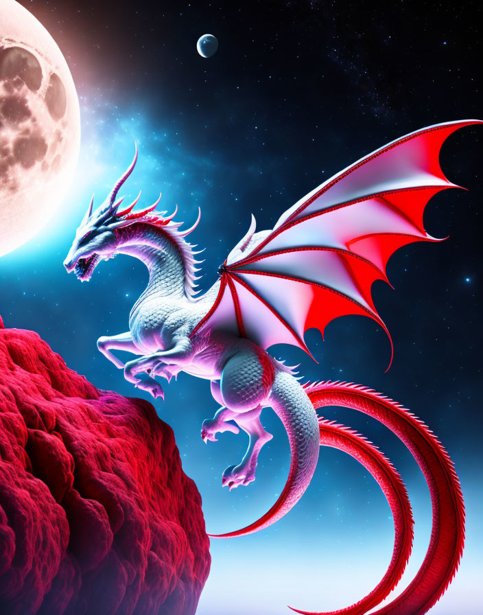 Silver Dragon with Red Wings on Crimson Rock in Cosmic Setting