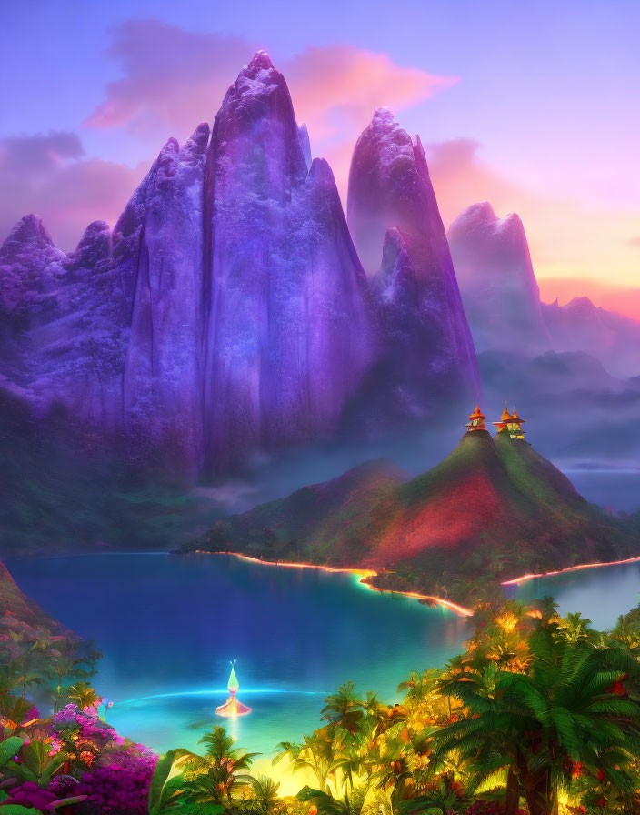 Mystical sunset landscape with purple mountains, serene lake, temples, and tropical foliage