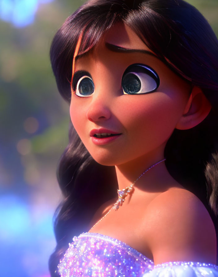 Female animated character in sparkly dress with large eyes and necklace, gazing up in front of blurred