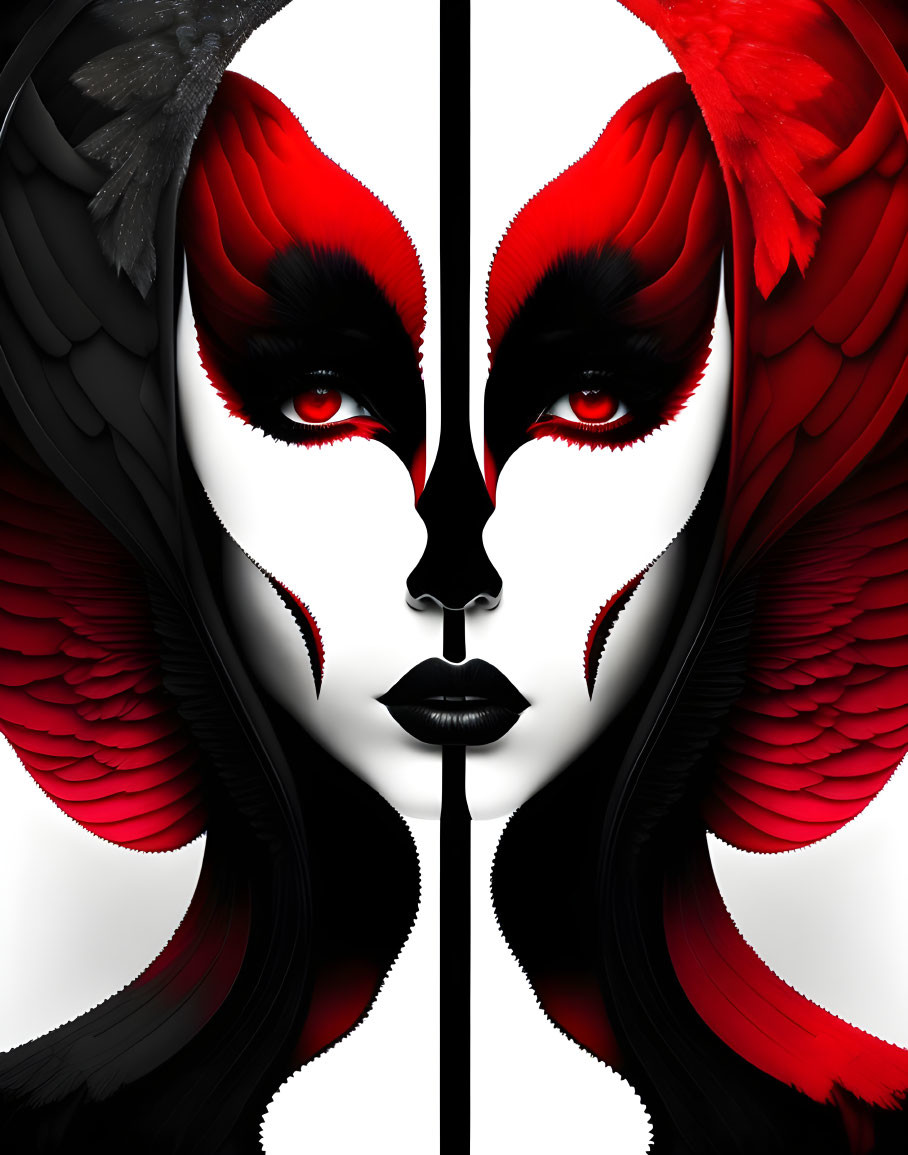 Symmetrical digital art: face split in contrasting black and white with red details and feathers
