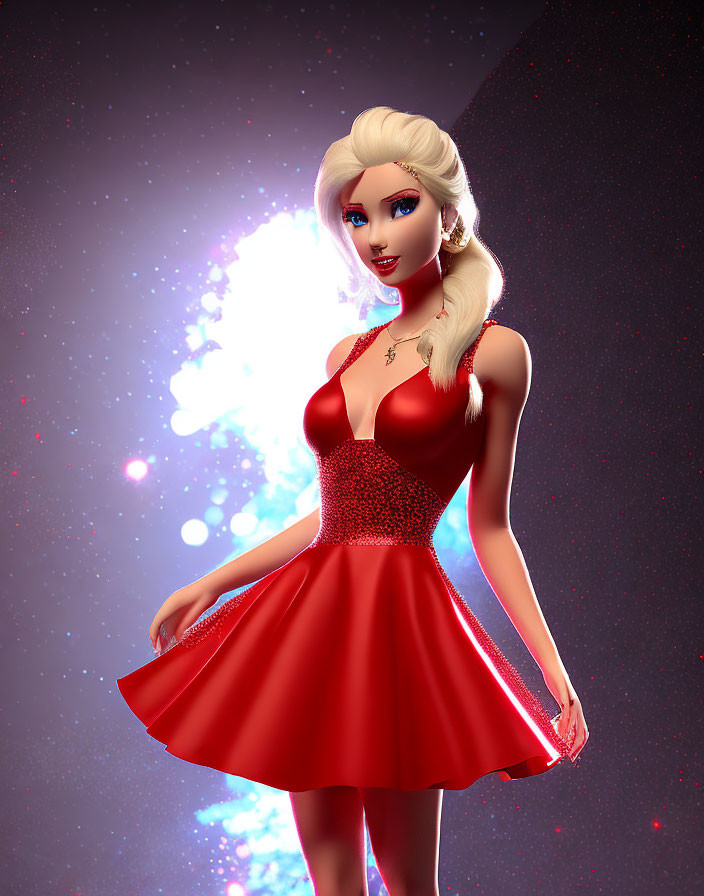 Blonde-Haired Female Character in Red Dress on Cosmic Background