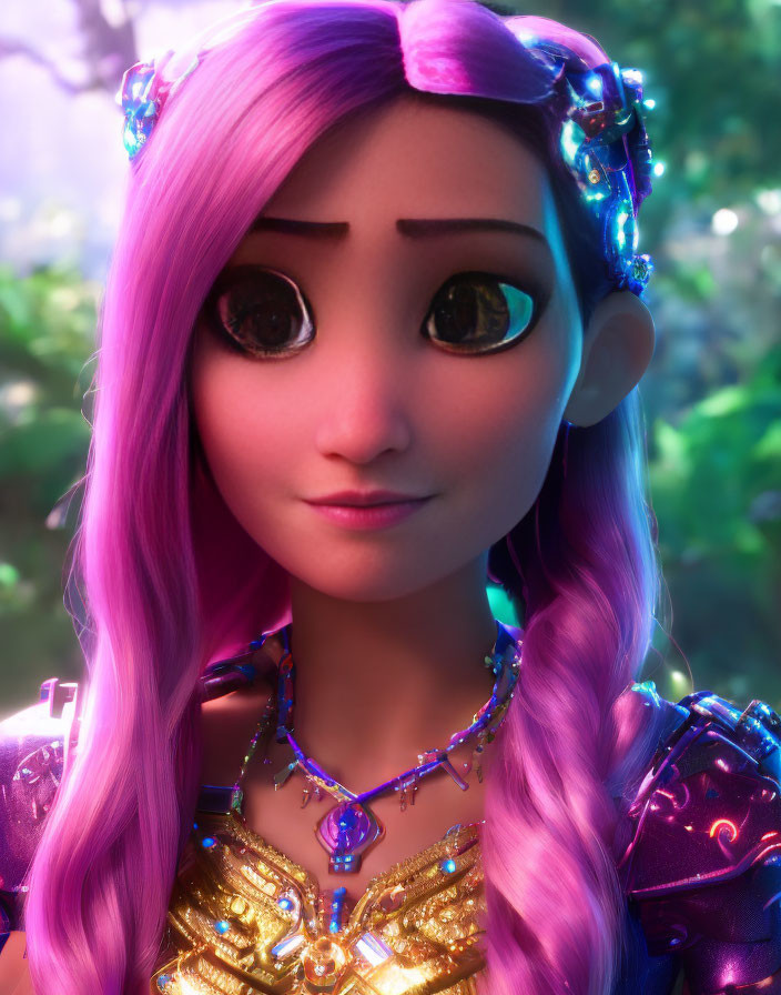 Character with large eyes, purple hair, flowers, and necklace in magical forest
